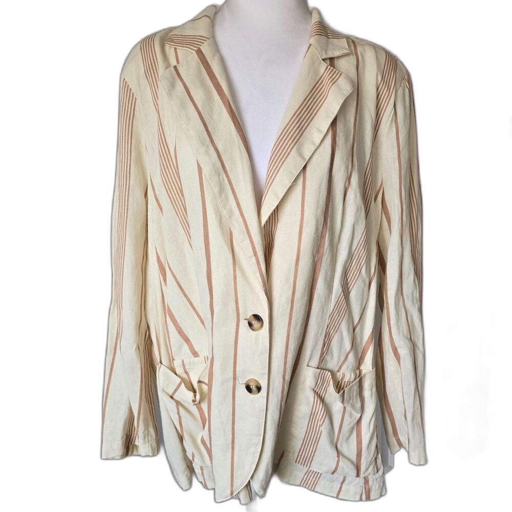 ModCloth Opportunity Linen/Viscose Blazer Cream Striped Front Pockets Light 1X - Picture 5 of 11